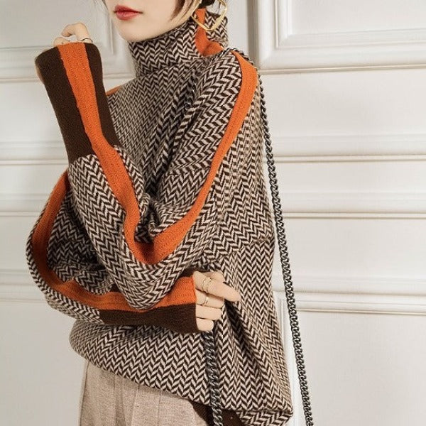"Pull d'automne élégant pour femmes, col roulé, couleurs chaudes, doux et chaud, style chic et polyvalent."