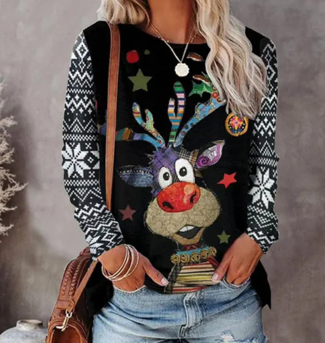 Pull de Noël femme chaud, esprit festif avec rennes & flocons. Parfait cadeau d'hiver confortable et décontracté.