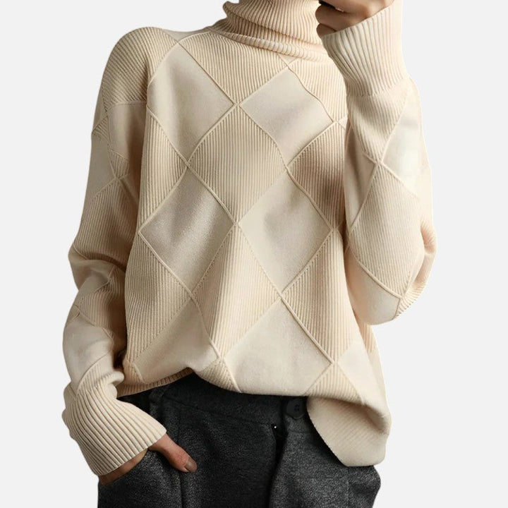 "Pull en cachemire col roulé, motifs losanges, luxe chic, touche soyeuse, idéal temps frais, coupe ample et chaude, homme."