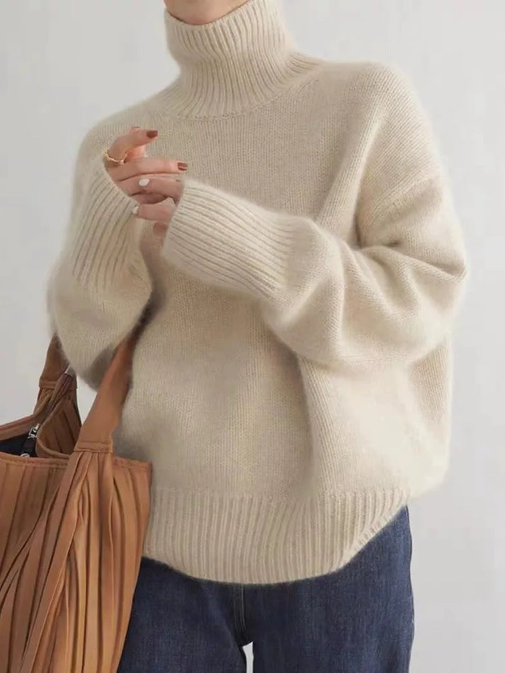 "Pull en cachemire Joline, col roulé élégant, couleur beige, parfait pour l'hiver, doux et sophistiqué"
