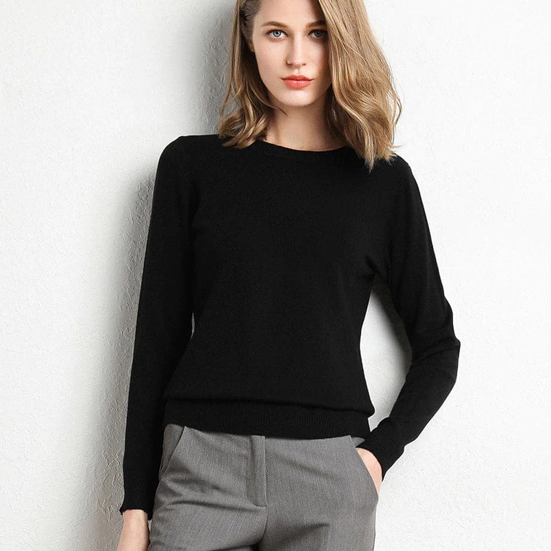 "Pull en cachemire pour femme noir, élégant, doux, col rond, manches longues, parfait pour l'automne et l'hiver."