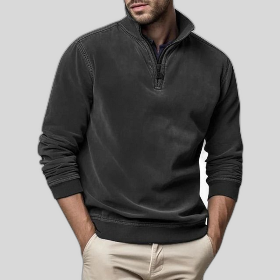 "Pull en polaire pour hommes, col montant, demi-zip, matériau doux, look vintage. Confort et chaleur pour l'hiver."