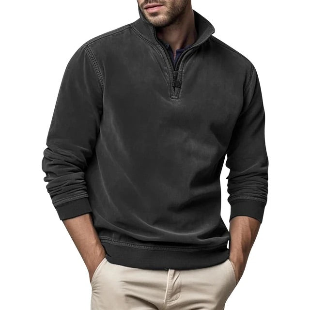 "Pull en polaire pour hommes, col montant, demi-zip, matériau doux, look vintage. Confort et chaleur pour l'hiver."