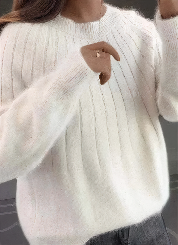 Pull femme élégant à col rond, idéal pour un look chic et décontracté en mode hiver.
