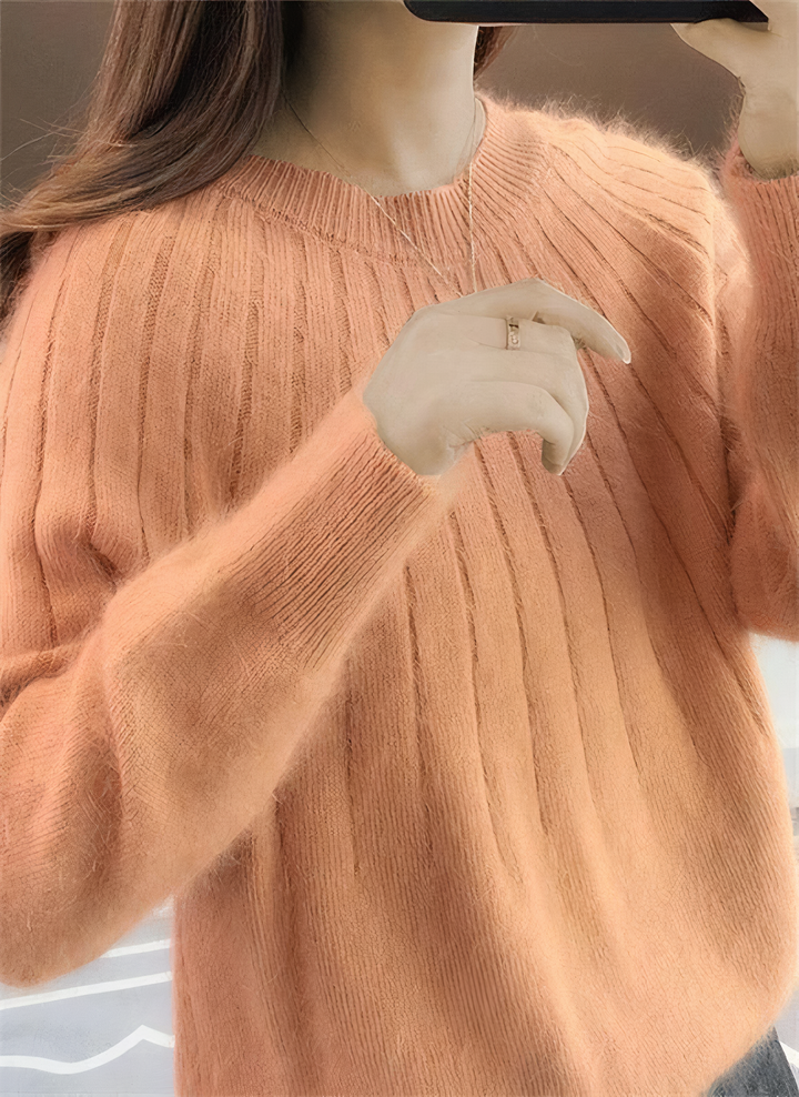 Pull femme confortable à manches longues, col rond, pour un look hivernal élégant et décontracté.