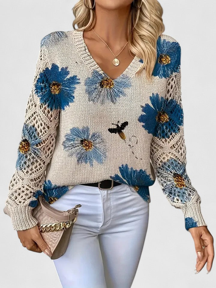 Pull femme col V fleuri, tricoté, manches longues, élégant et confortable, idéal pour le quotidien.