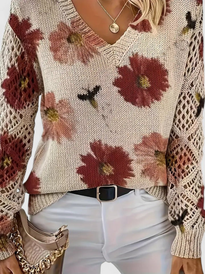 Vêtement femme: Pull tricoté à motif fleuri, col V, manches longues, confort quotidien garanti.