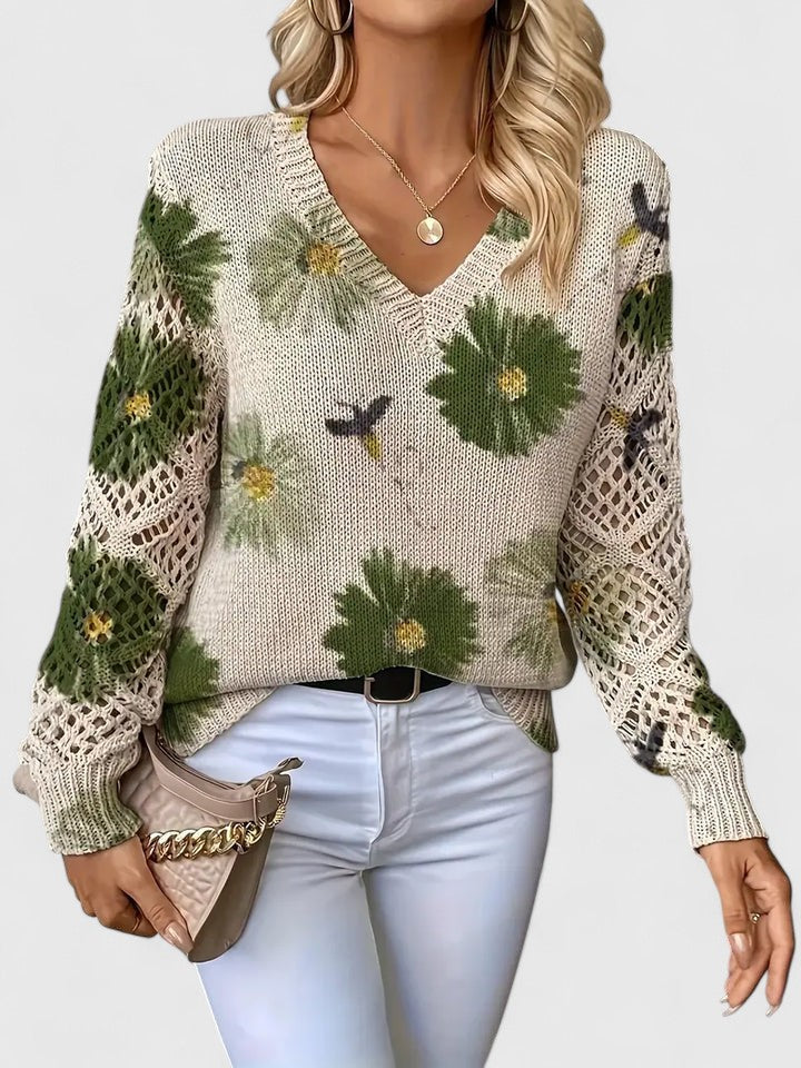 Tendance mode: Pull femme fleuri à col V, coupe moderne, pour une élégance décontractée et stylée.