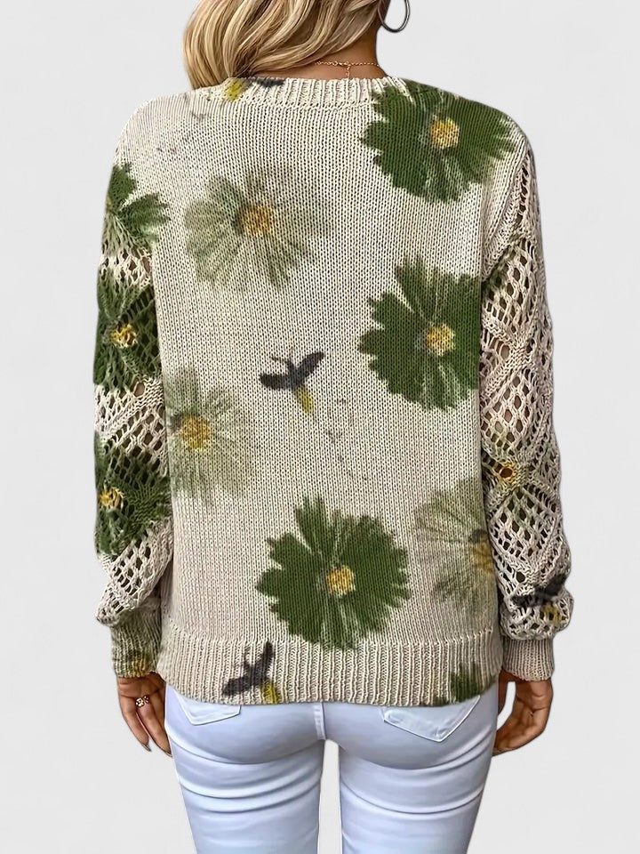 Pull femme fleuri unique, col V, tricot confortable, manches longues, un essentiel de votre garde-robe.