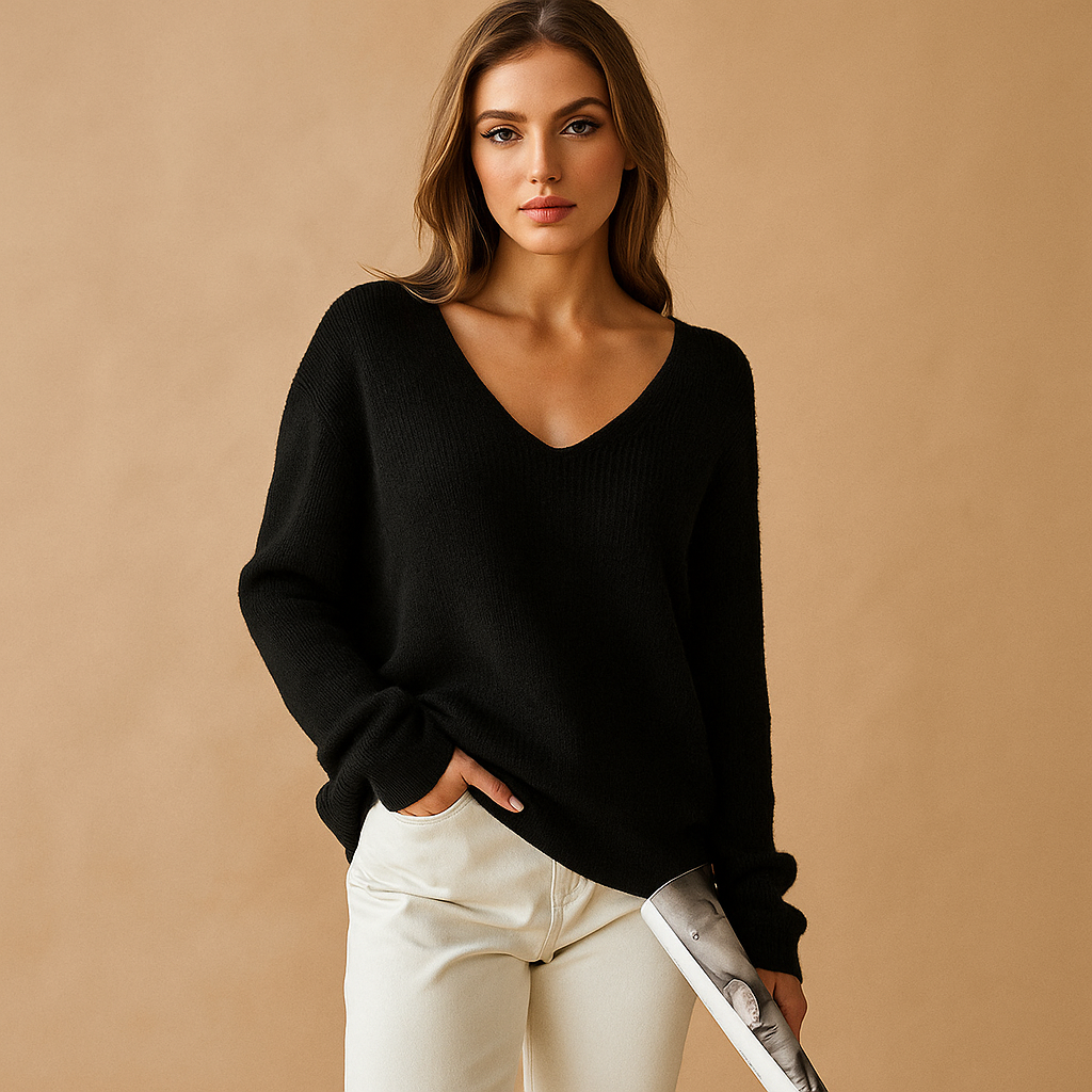 Pull femme décontracté à col en V, doux et stylé, parfait pour le confort quotidien automne/printemps.