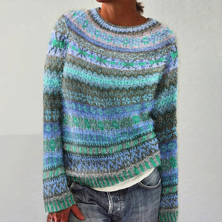 Chandail femme Hanna rétro avec imprimé ethnique. Pull décontracté et confortable, parfait pour l'hiver.
