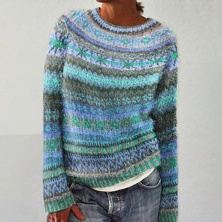 Chandail femme Hanna rétro avec imprimé ethnique. Pull décontracté et confortable, parfait pour l'hiver.