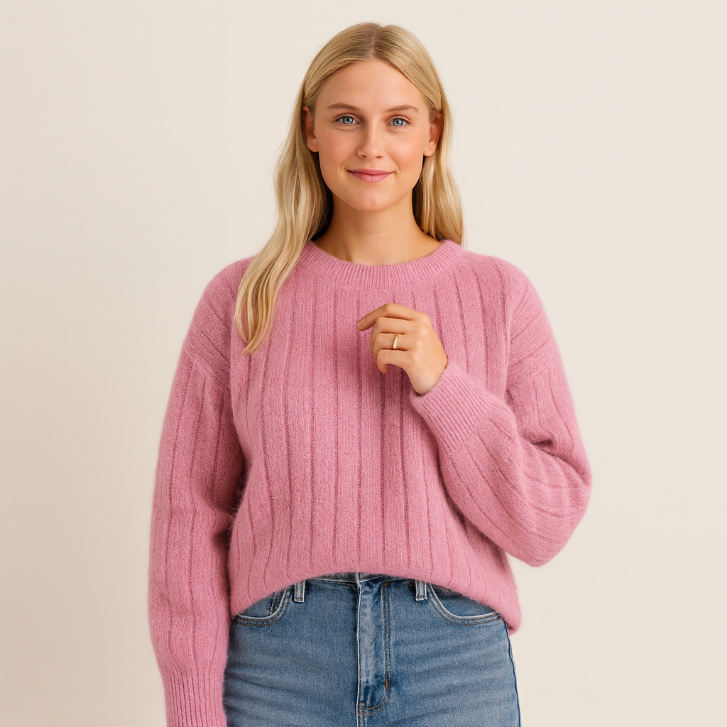 Pull femme élégant en maille douce rose, idéal pour l'hiver. Confortable et chaud, un essentiel mode.