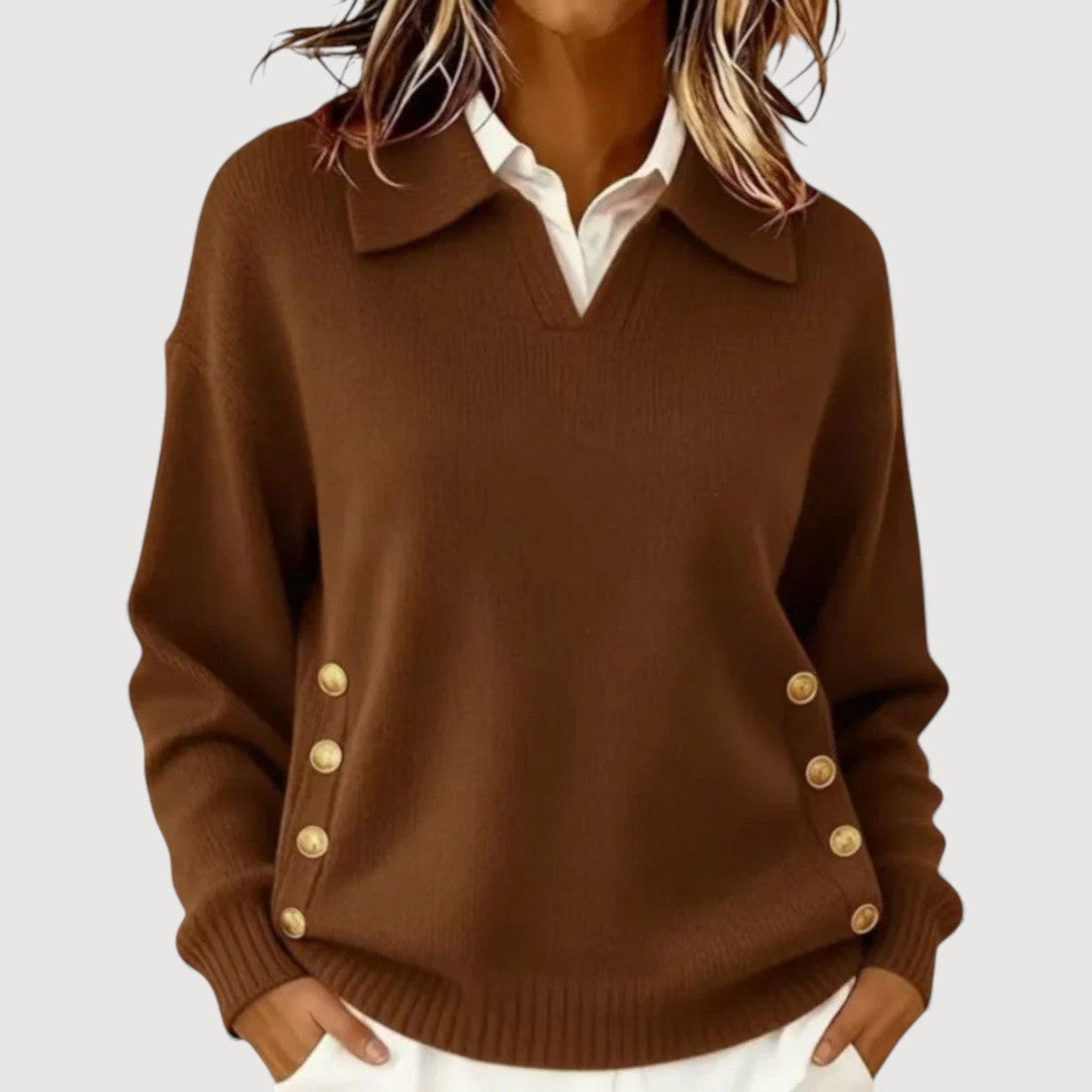 Chandail femme classique et chic, col boutonné, offrant confort et polyvalence pour toute occasion.