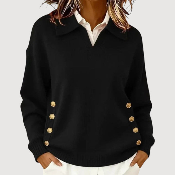Pull femme sophistiqué à manches longues, col boutonné, parfait pour un look raffiné en hiver.