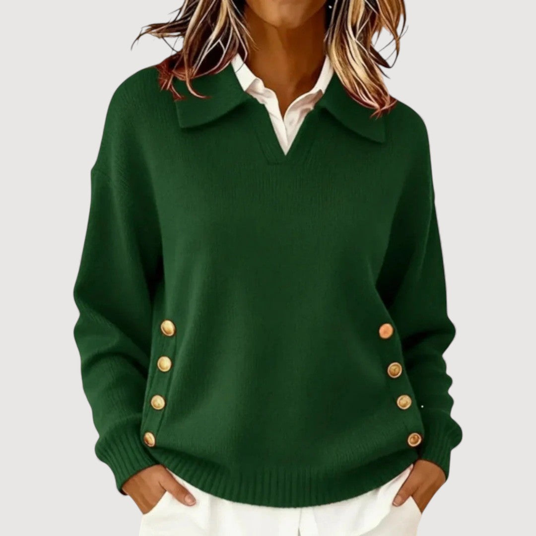 Pull femme casual chic, manches longues et col boutonné, pour un confort élégant en automne.