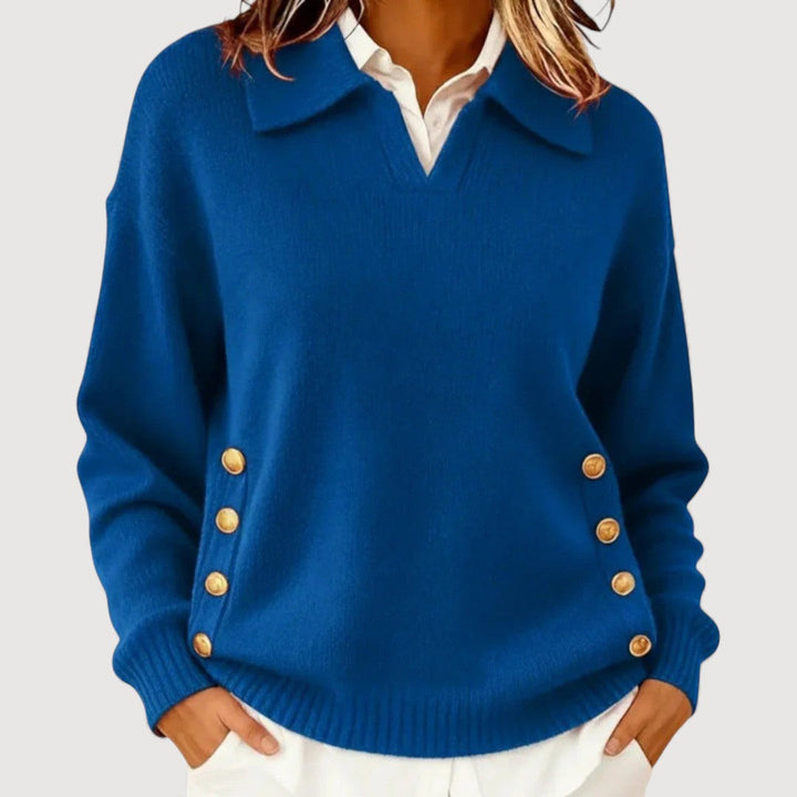 Élégant pull femme à col boutonné, manches longues, un essentiel classique pour l'hiver et l'automne.