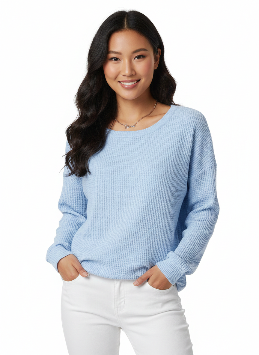 Pull femme décontracté, coupe oversize, texture maille gaufre unique, parfait pour le confort quotidien.