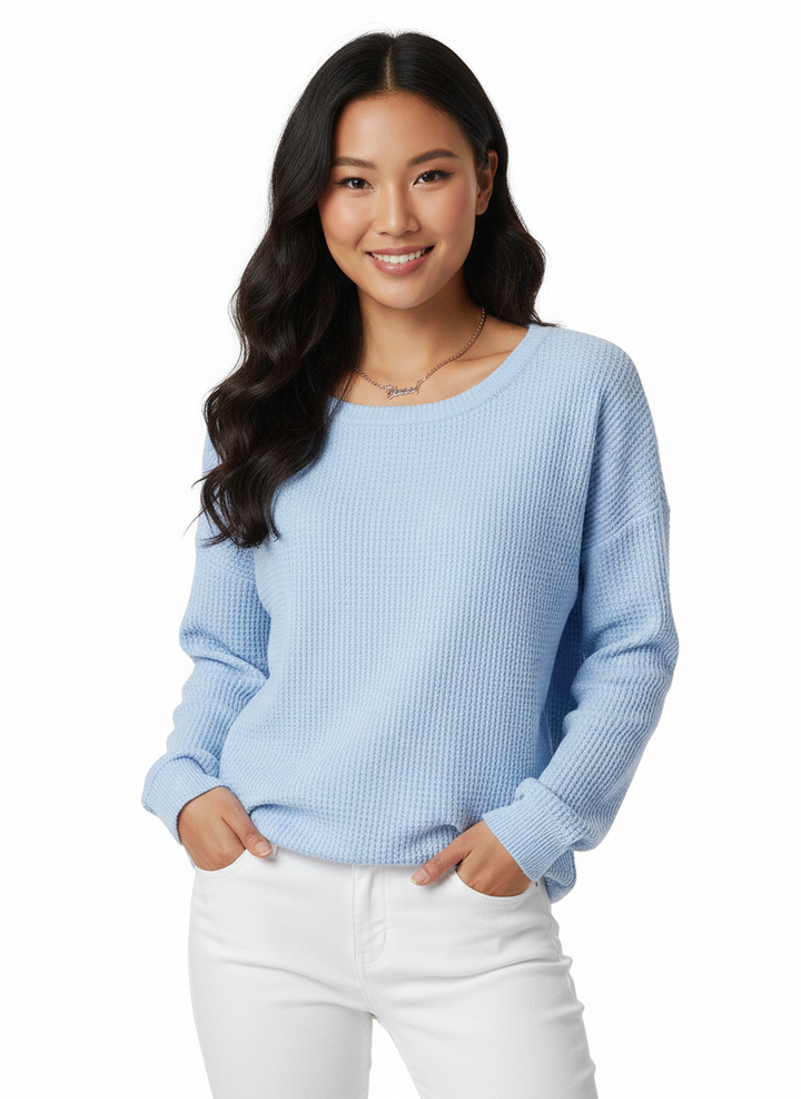 Pull femme décontracté, coupe oversize, texture maille gaufre unique, parfait pour le confort quotidien.