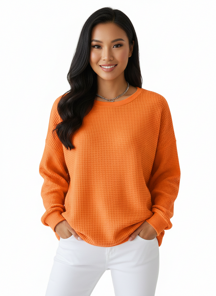 Mode femme: pull oversize confortable, maille gaufre élégante, idéal pour un style casual chic.