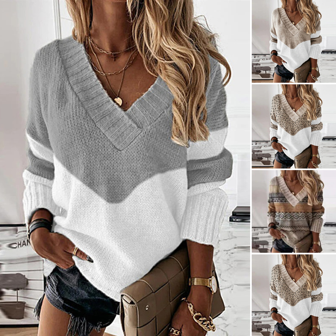 Pull Finley tricoté confortable pour femme, col V élégant. Idéal pour un look chic mode en automne/hiver. Style polyvalent.