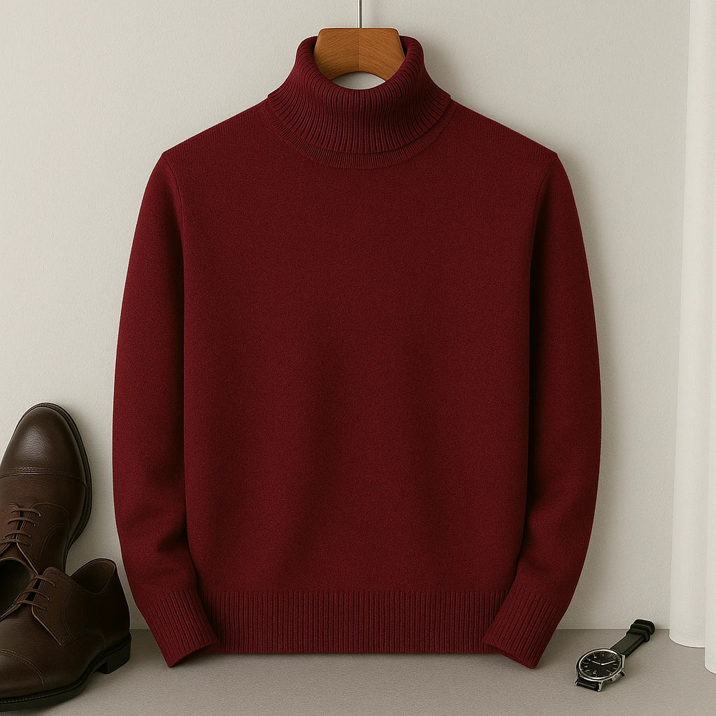 Détail de la texture du pull homme col roulé, maille douce et chaude pour un confort optimal.