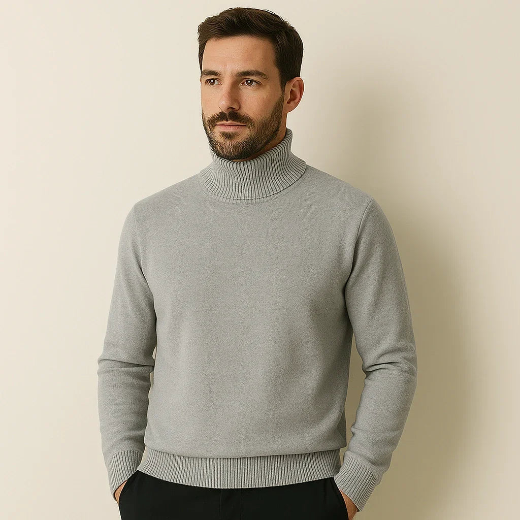 Pull homme col roulé classique, style décontracté chic pour la mode masculine.