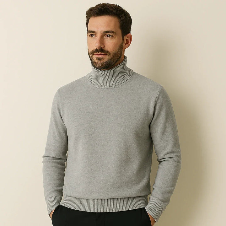 Pull homme col roulé classique, style décontracté chic pour la mode masculine.