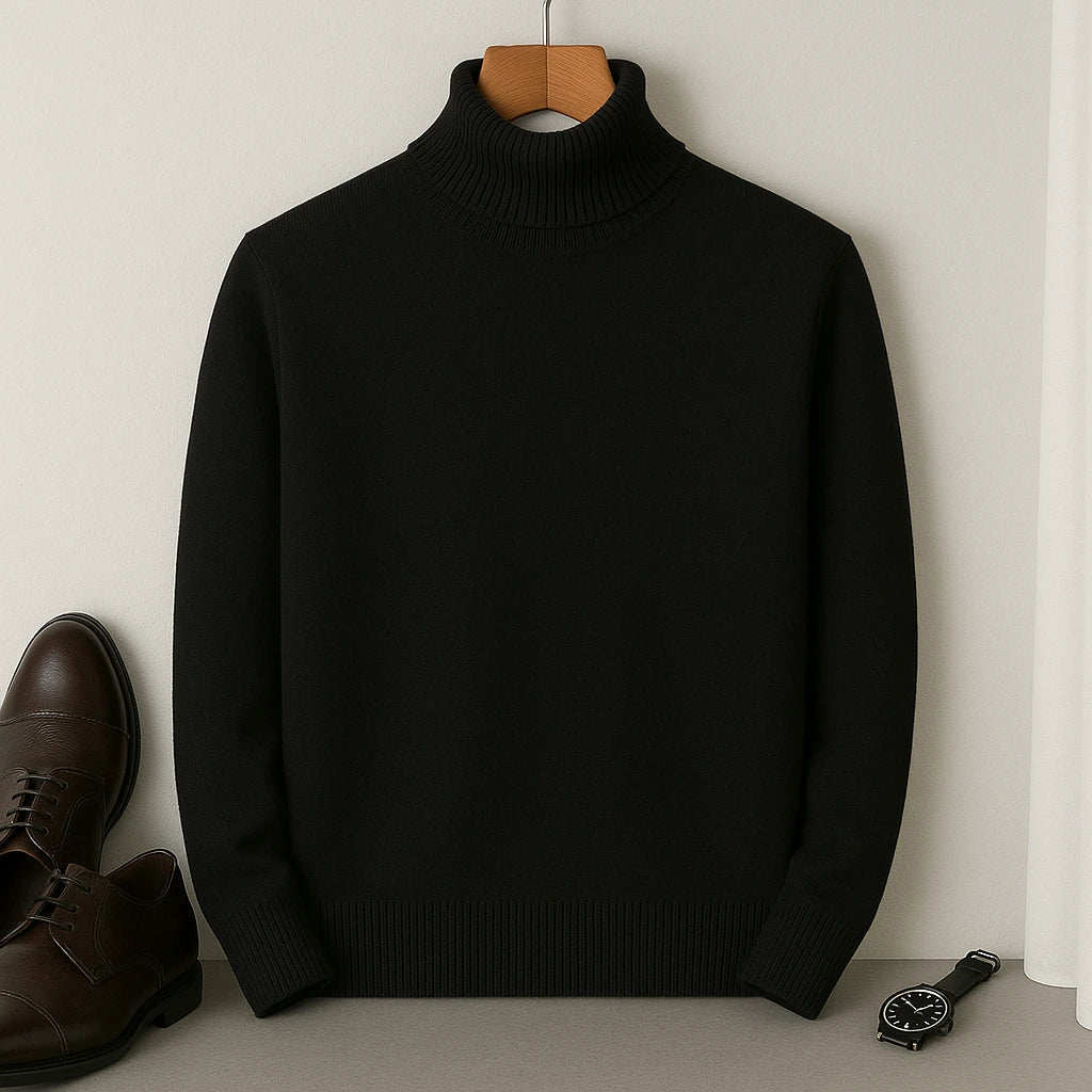Pull homme élégant à col roulé ajusté, un essentiel de la mode masculine.