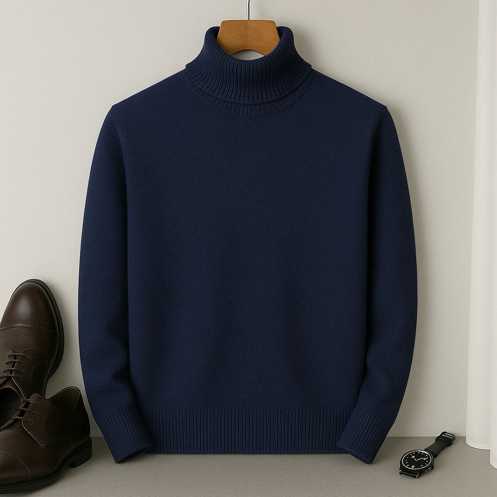 Chandail homme maille douce col roulé, offrant confort et chaleur pour l'hiver.
