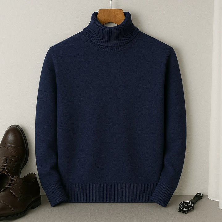 Chandail homme maille douce col roulé, offrant confort et chaleur pour l'hiver.