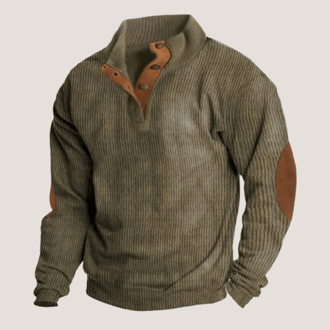 Pull homme décontracté avec col montant et coudières élégantes, idéal pour un style rétro chic en automne.
