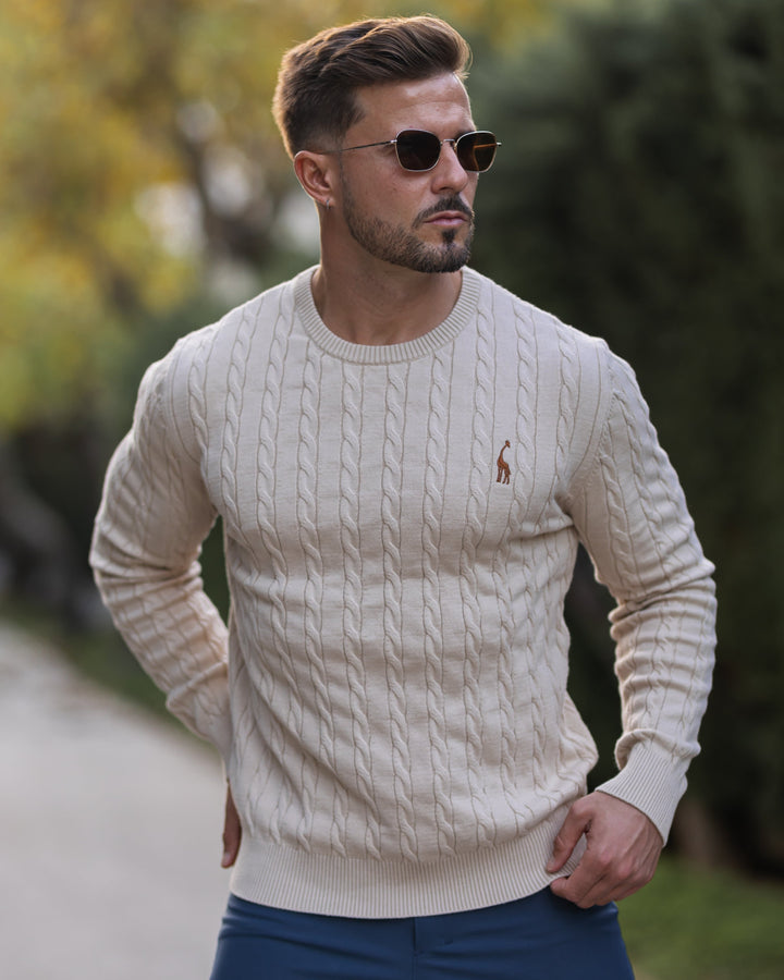 Vêtement homme automne: pull tricoté torsadé bleu marine, confort et élégance décontractée.
