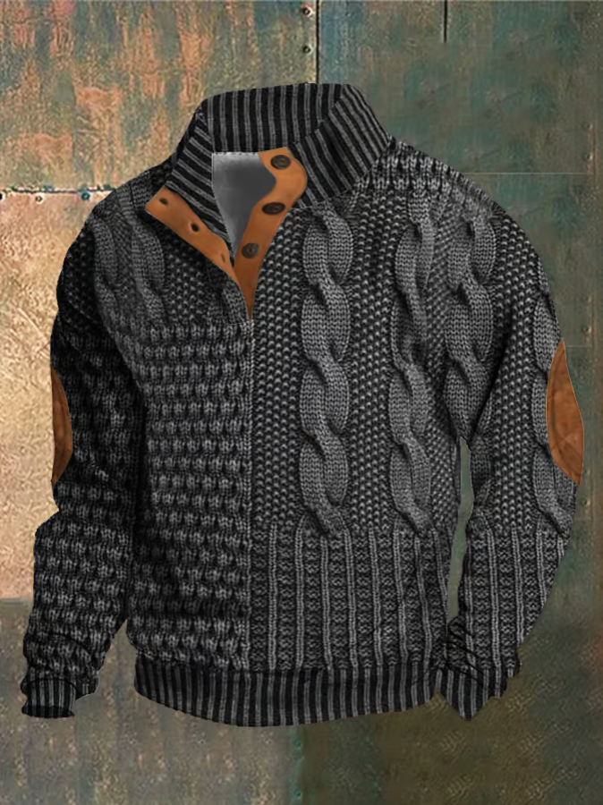 Tricot pull homme à torsades, texture riche et col montant. Élégant et confortable pour les journées fraîches d'automne.