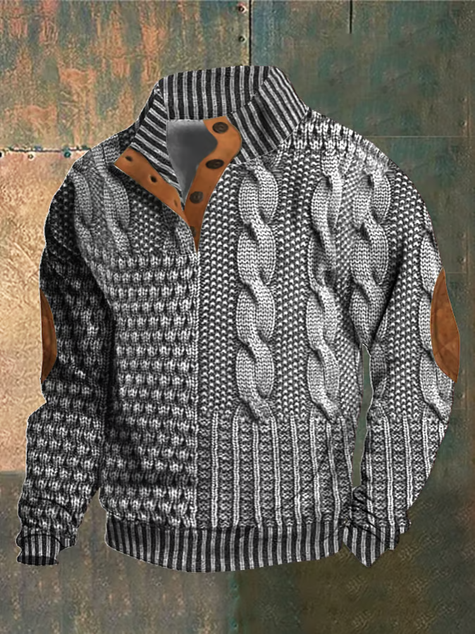 Pull homme élégant à torsades modernes, col montant. Idéal pour un look décontracté-chic en mi-saison et automne.