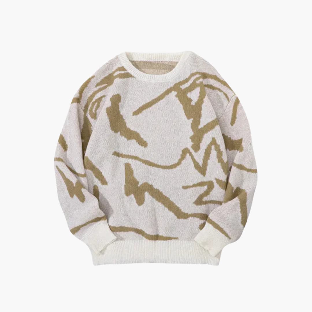 Pull homme tendance à motif abstrait, coupe moderne. Chandail confortable pour automne-hiver, style unique.
