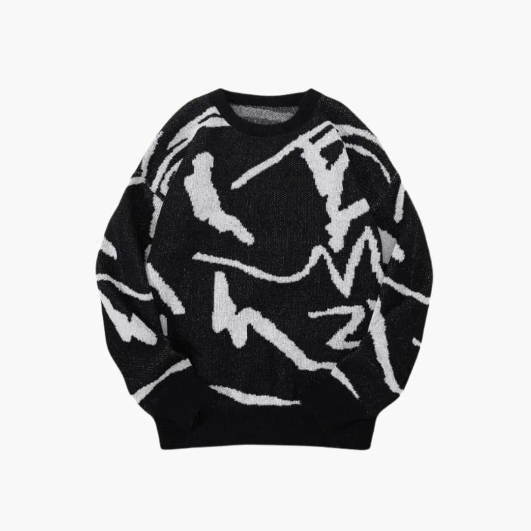 Pull homme mode automne-hiver, motif abstrait original. Ce chandail confortable offre un style moderne et décontracté.