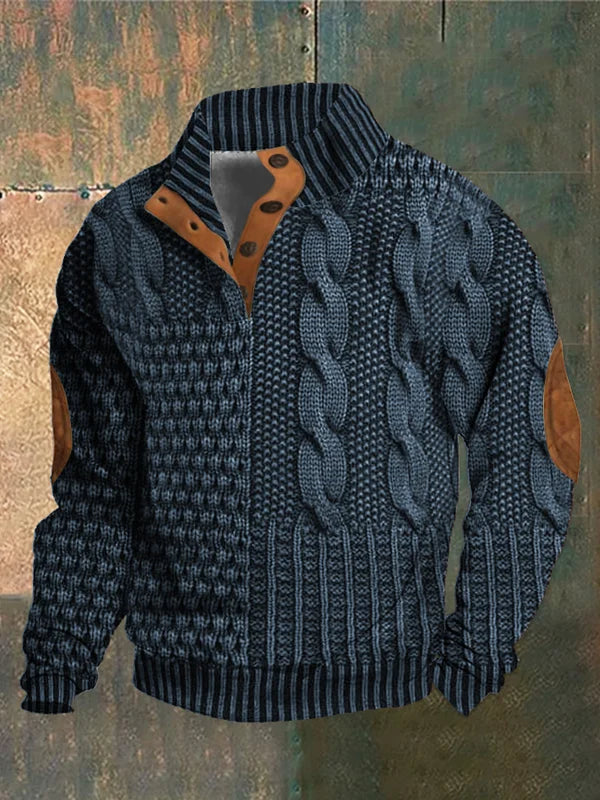 Pull homme tricoté à col montant et boutons, chaud et élégant pour l'hiver, confort douillet garanti.