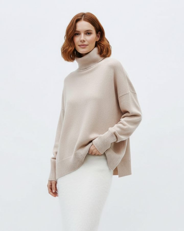 Mode femme: pull tricoté oversize Clara, confortable et chaud avec son col roulé, look vintage décontracté.