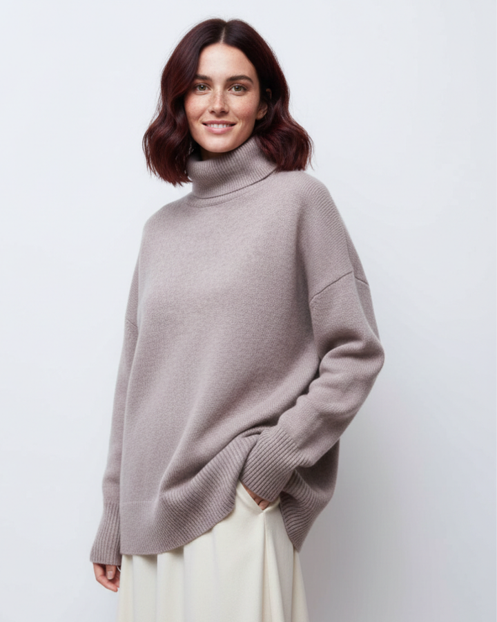 Élégant pull femme Clara oversize en tricot chaud, style vintage avec col montant, idéal pour l'hiver et le confort.