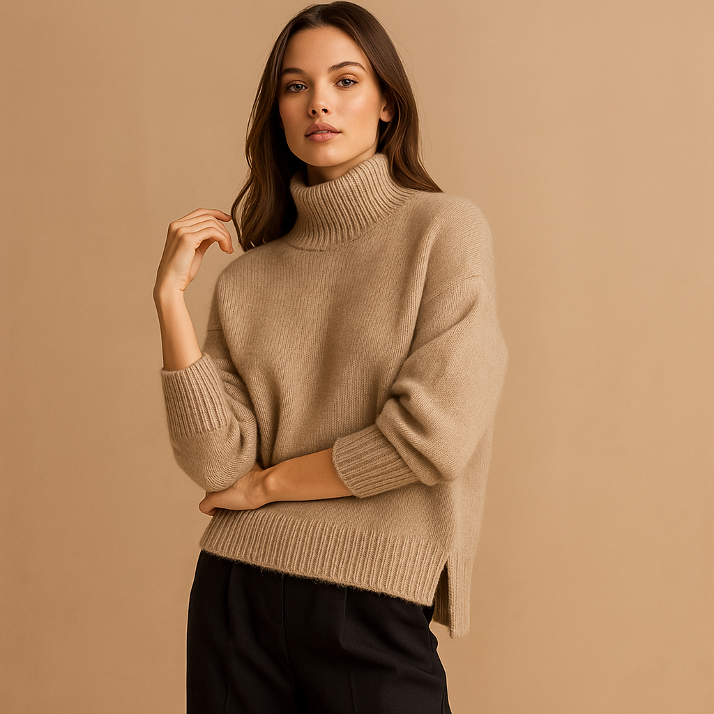Pull oversize femme à col roulé, gris anthracite, tricot doux pour hiver chic et confortable. Idéal automne-hiver.
