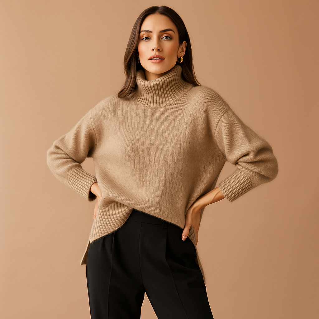 Pull femme oversize col roulé noir, maille douce et chaude. Confort élégant pour un style décontracté hivernal.