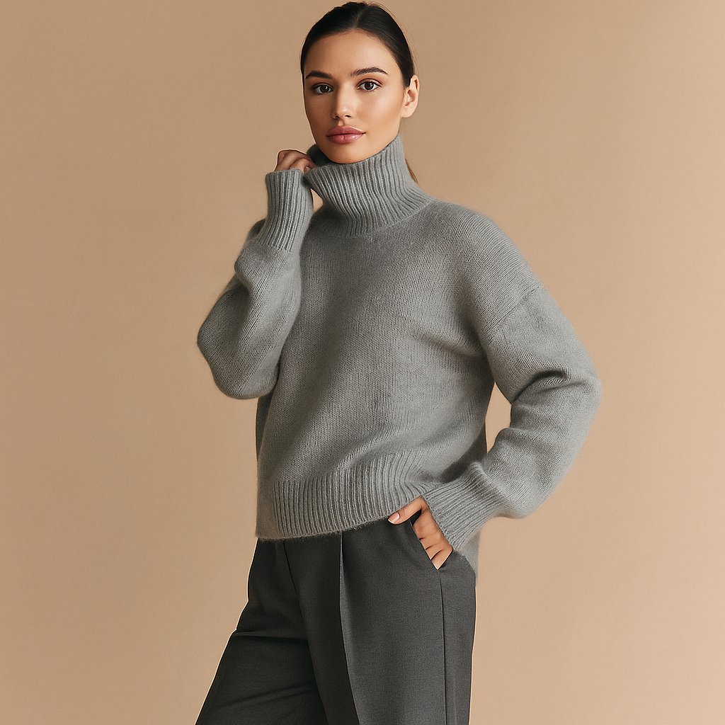 Pull femme en maille oversize bleu marine, col roulé. Confortable et chic pour un look automne-hiver décontracté.