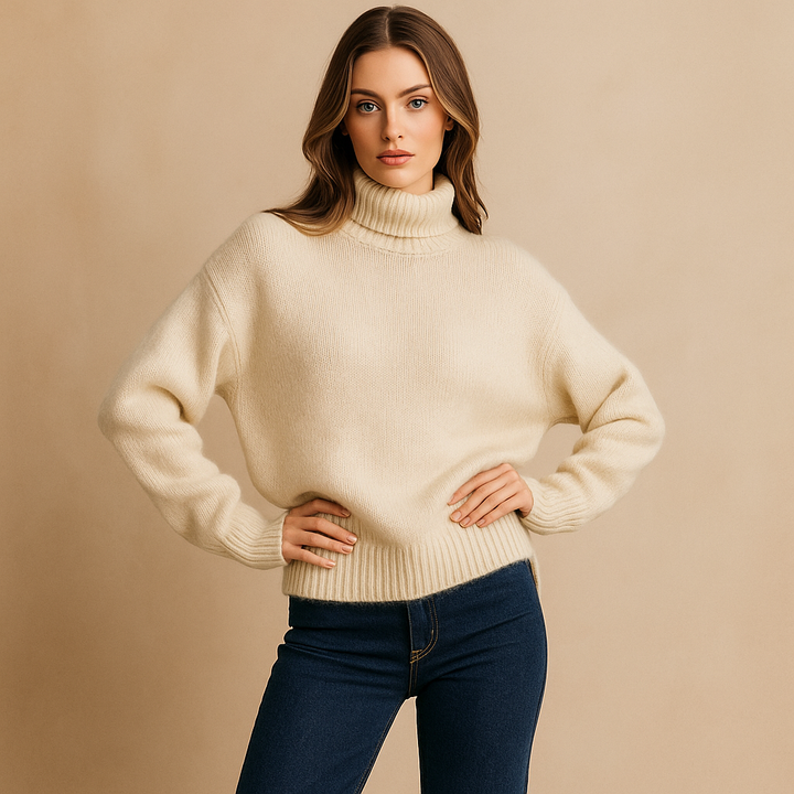 Pull femme oversize doux avec col roulé, parfait pour l'élégance et la chaleur en automne et en hiver. Mode confort.