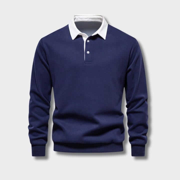 Pull polo homme élégant, manches longues, col classique. Parfait pour un look moderne et confortable.