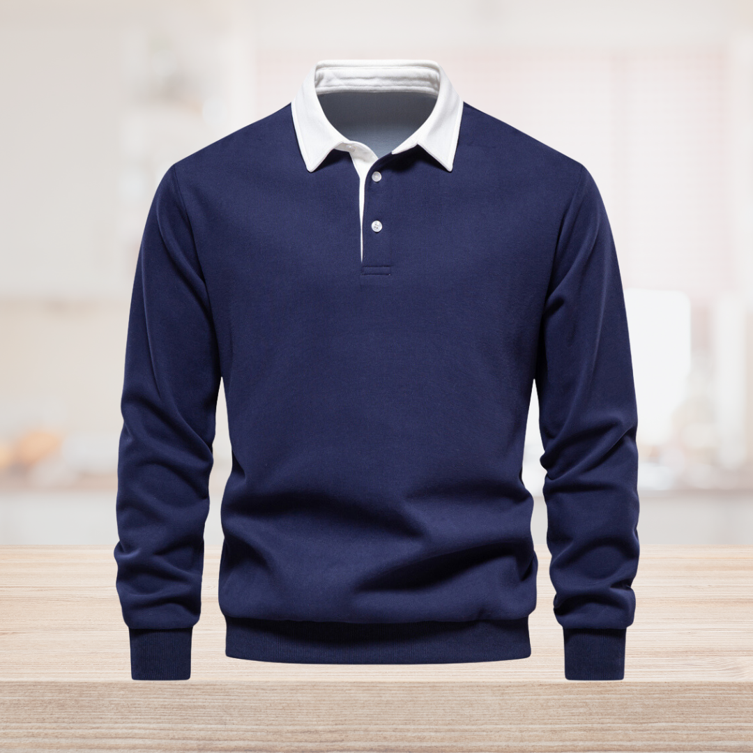 Sweat homme intemporel noir. Col polo, manches longues. Ce vêtement offre élégance et confort moderne.