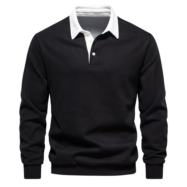 Pull polo bleu homme décontracté. Sweat à manches longues avec col classique, idéal mode masculine intemporelle.