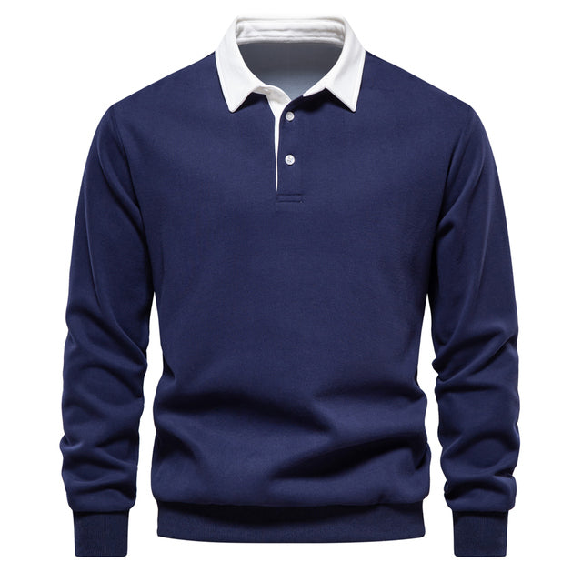 Pull homme élégant gris anthracite. Col polo classique, manches longues. Style décontracté et chic.