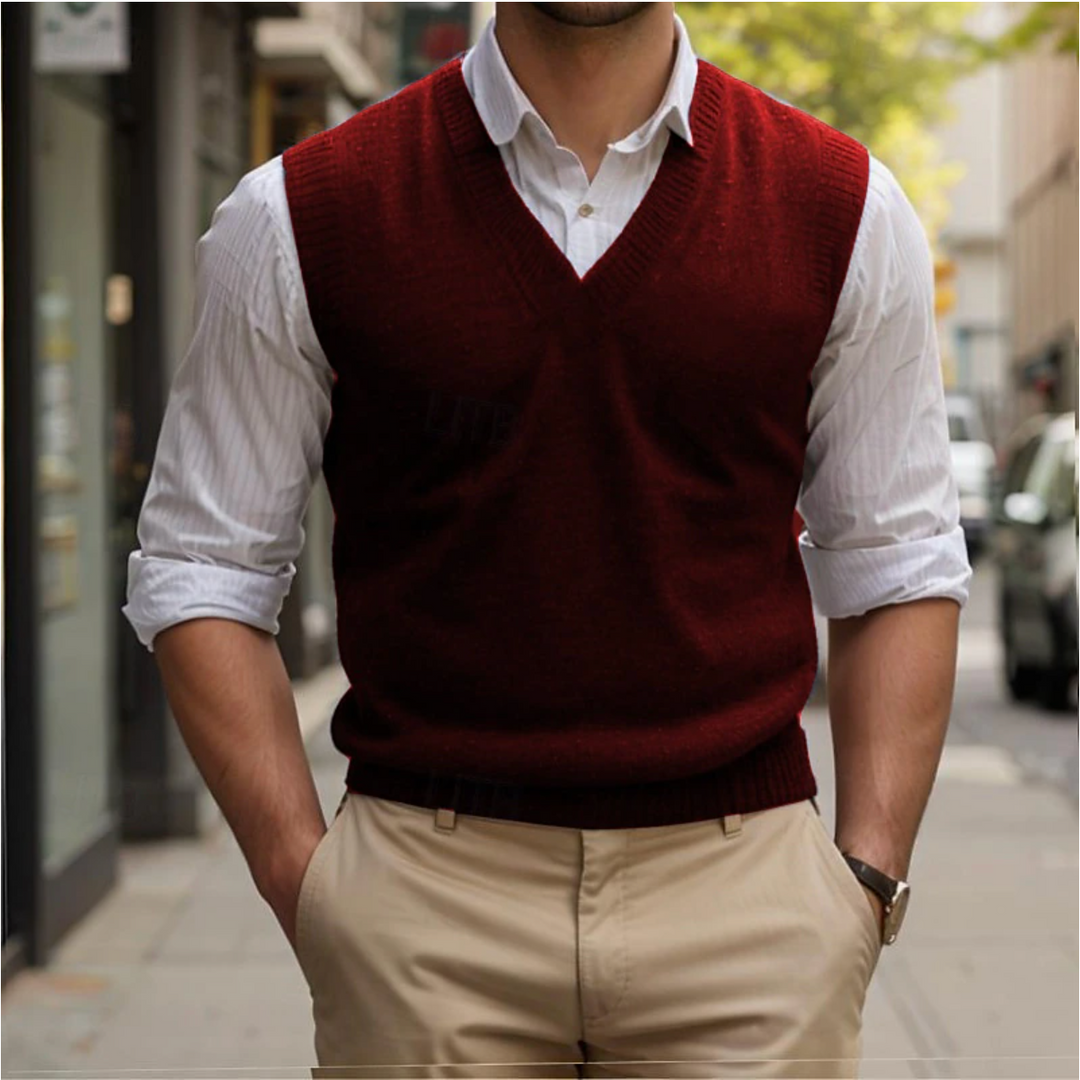Pull sans manches homme col V ajusté, style vintage, couleur rouge, parfait avec chemise ou t-shirt, élégant et intemporel.