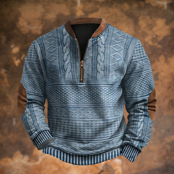 Pull tricoté zippé homme bleu marine, chaud et confortable pour l'hiver. Vêtement élégant casual chic.